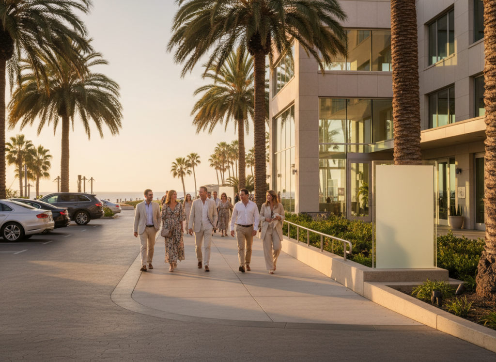 guests arriving at a san diego event venue with easy access and palm lined entry