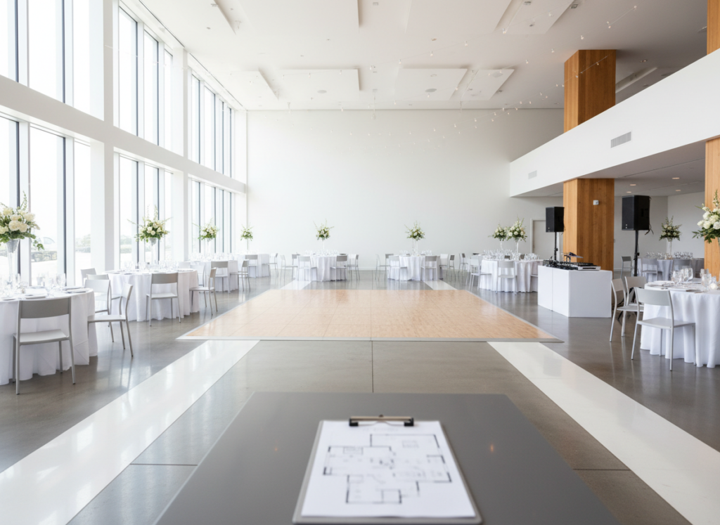 san diego event venue layout with round tables, clear aisles, and space for a dance floor