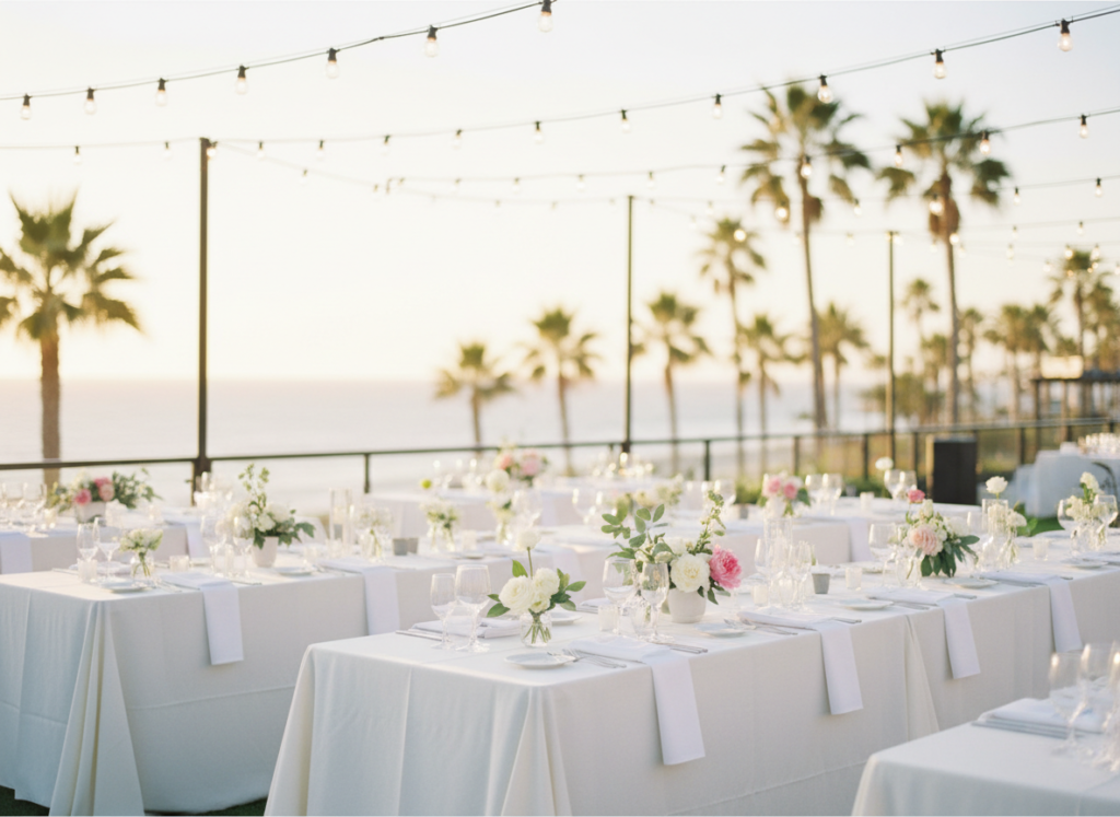 upscale outdoor event venue setup in san diego with elegant tables and warm string lights