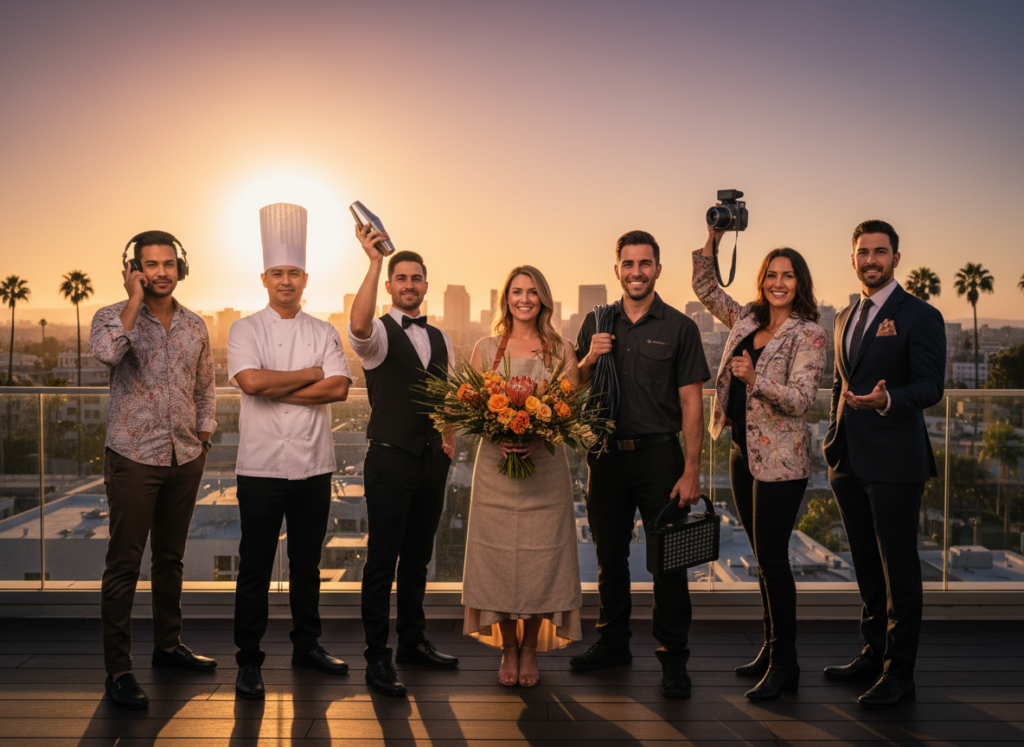 vendors staff (3) Professional event vendors including DJ, caterer, lighting technician, and event decorator in San Diego